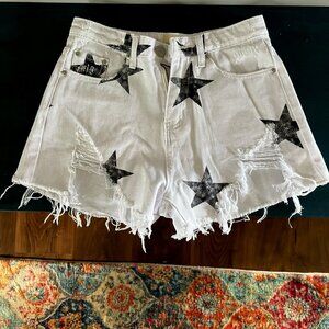 Blue Buttercup Star Printed White Demin Distressed Shorts  (Black stars)